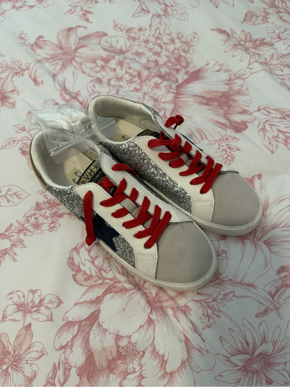 Vintage Havana Silver Glitter Sneaker with Red Laces and Extra laces in bag